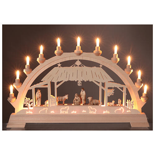 Arch with wooden Nativity Scene of 9 figurines of 8 cm, Val Gardena, 40x65x5 cm, LED lights 3