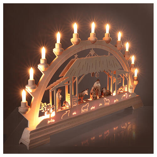 Arch with wooden Nativity Scene of 9 figurines of 8 cm, Val Gardena, 40x65x5 cm, LED lights 4