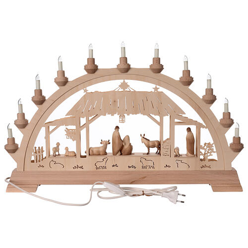 Arch with wooden Nativity Scene of 9 figurines of 8 cm, Val Gardena, 40x65x5 cm, LED lights 5