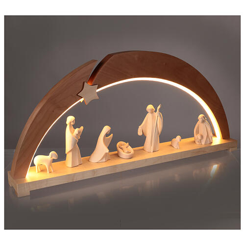 Val Gardena arch with Aram Nativity Scene, 8 figurines of 13 cm, natural wood and LED lights 4