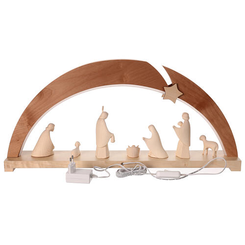 Val Gardena arch with Aram Nativity Scene, 8 figurines of 13 cm, natural wood and LED lights 6