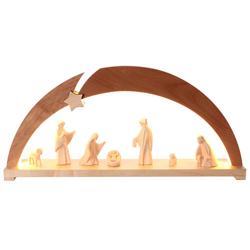 Arc bois Val Gardena avec 8 santons crèche Aram lumières LED 13 cm bois naturel 1