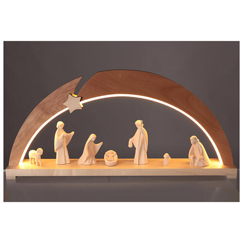 Arc bois Val Gardena avec 8 santons crèche Aram lumières LED 13 cm bois naturel 2