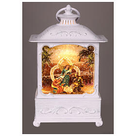 Lanterne Nativité verre neige paillettes lumières 25x15x10 cm