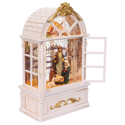 Glasgehäuse mit Schneeeffekt, Geburt Christi im weißen Fensterrahmen – 24,5 × 13,5 × 7,5 cm 5