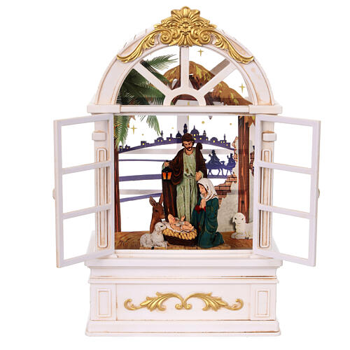 Glasgehäuse mit Schneeeffekt, Geburt Christi im weißen Fensterrahmen – 24,5 × 13,5 × 7,5 cm 7