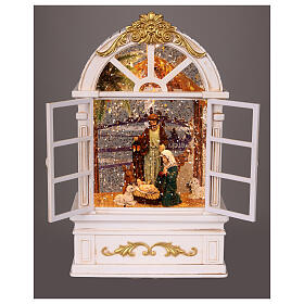 Glass show window with Nativity Scene, snow and lights, 10x6x3 in