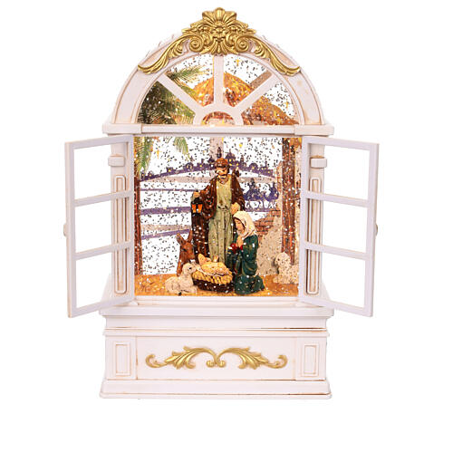 Vitrine verre neige Nativité fenêtre blanche lumières 25x15x8 cm 1