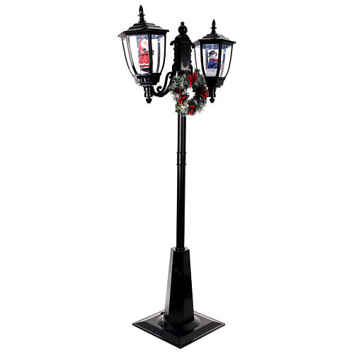 Réverbère Père Noël neige deux lanternes lumières musique noir 185 cm 6