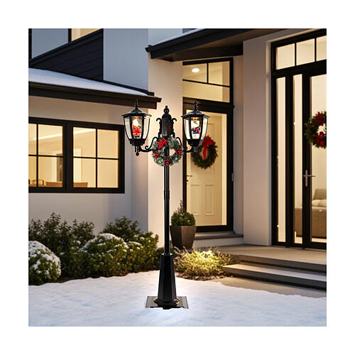 Poste de luz preto Pai Natal neve duas lâmpadas luzes música 185 cm 2