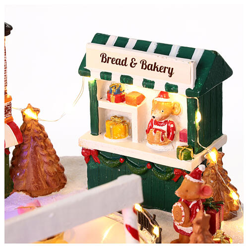 Weihnachtsdorf mit Tassenkarussell und Mäusen – mit Musik, Licht und Bewegung, 25x35x20 cm 7