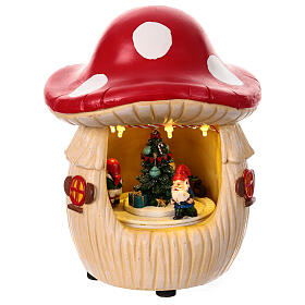 Mushroom house with Christmas scene, motion lights and music, 8x6x6 in