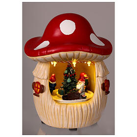 Mushroom house with Christmas scene, motion lights and music, 8x6x6 in