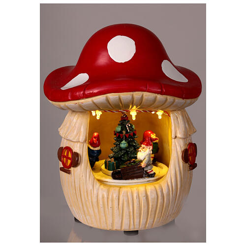 Mushroom house with Christmas scene, motion lights and music, 8x6x6 in 2