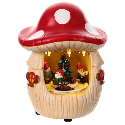 Mushroom house with Christmas scene, motion lights and music, 8x6x6 in 4