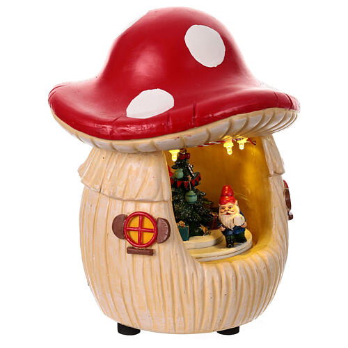 Mushroom house with Christmas scene, motion lights and music, 8x6x6 in 5