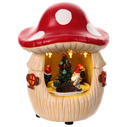 Mushroom house with Christmas scene, motion lights and music, 8x6x6 in 6