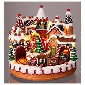 Christmas village set with gingerbread finish, train in motion and music, 10x10x10 in