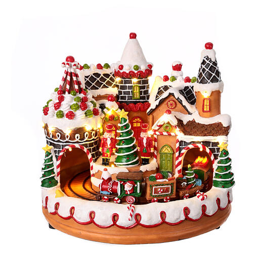 Christmas village set with gingerbread finish, train in motion and music, 10x10x10 in 1