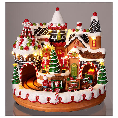 Christmas village set with gingerbread finish, train in motion and music, 10x10x10 in 2