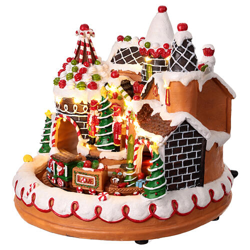 Christmas village set with gingerbread finish, train in motion and music, 10x10x10 in 3