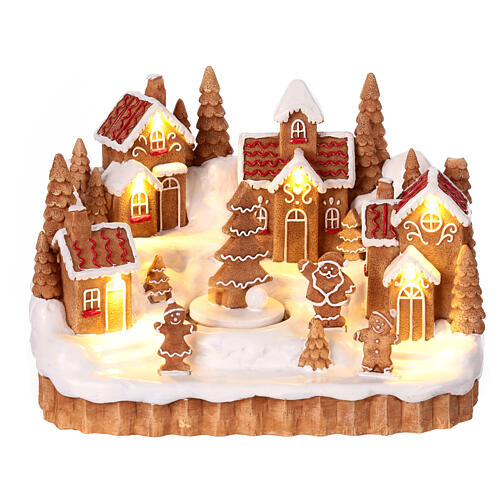 Snowy gingerbread Christmas village with animated Christmas tree, 6x10x6 in 1