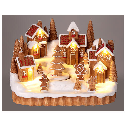 Snowy gingerbread Christmas village with animated Christmas tree, 6x10x6 in 2