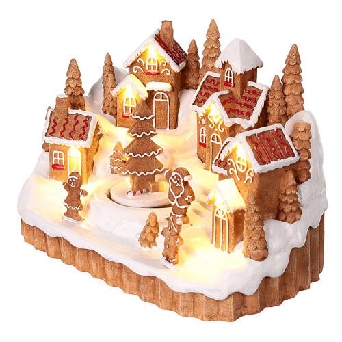 Snowy gingerbread Christmas village with animated Christmas tree, 6x10x6 in 3