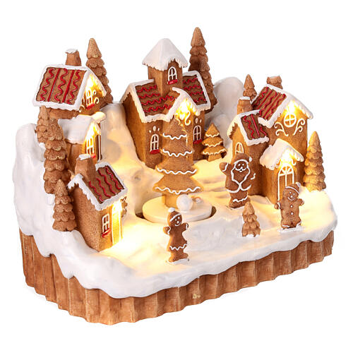 Snowy gingerbread Christmas village with animated Christmas tree, 6x10x6 in 4