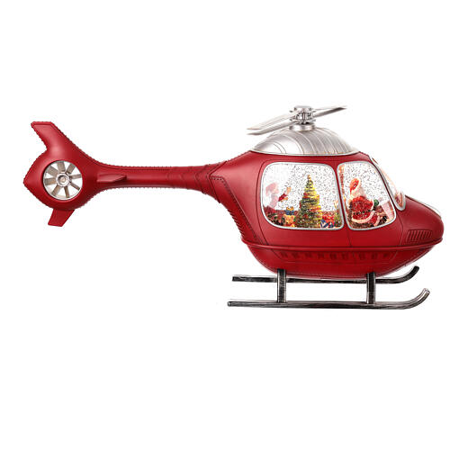 Helicopter with Santa, rotating propeller, snow and lights, 8x20x4 in 8