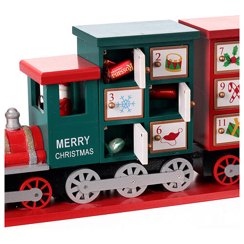 Advent calendar, red and green wooden train, 8x16x4 in 2