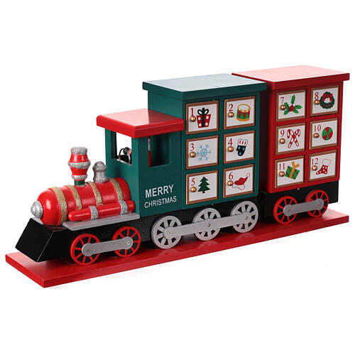 Advent calendar, red and green wooden train, 8x16x4 in 3