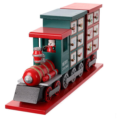 Advent calendar, red and green wooden train, 8x16x4 in 4