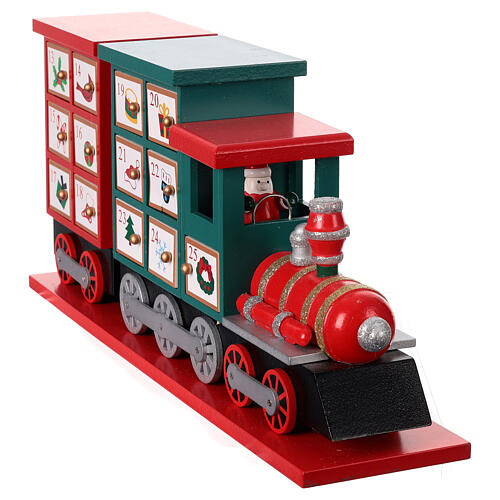 Advent calendar, red and green wooden train, 8x16x4 in 5