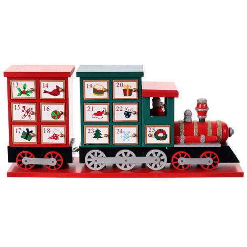 Advent calendar, red and green wooden train, 8x16x4 in 6