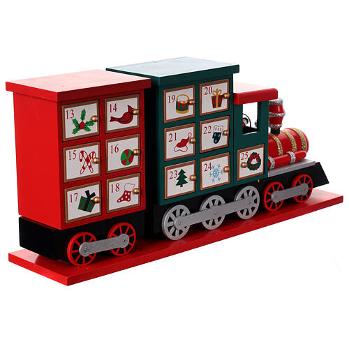 Advent calendar, red and green wooden train, 8x16x4 in 7