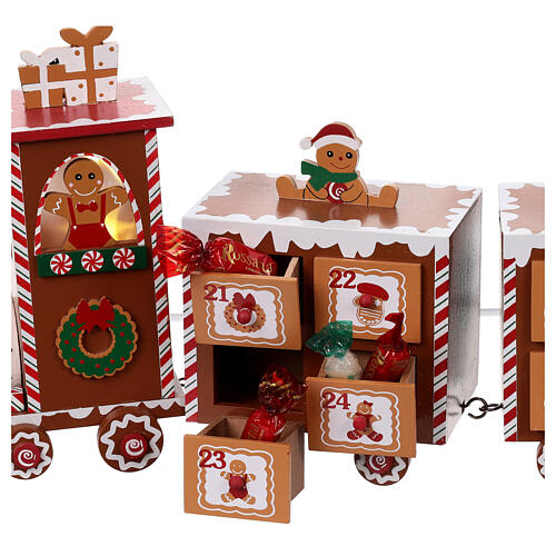 Adventskalender in Form eines Zugs aus Holz, Lebkuchen-Design mit Beleuchtung – 52 cm 2