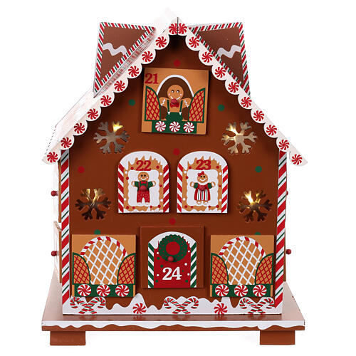 Adventskalender in Form eines Lebkuchenhauses aus Holz mit Beleuchtung – 28 cm 1