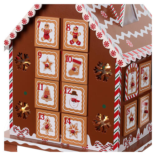 Adventskalender in Form eines Lebkuchenhauses aus Holz mit Beleuchtung – 28 cm 5