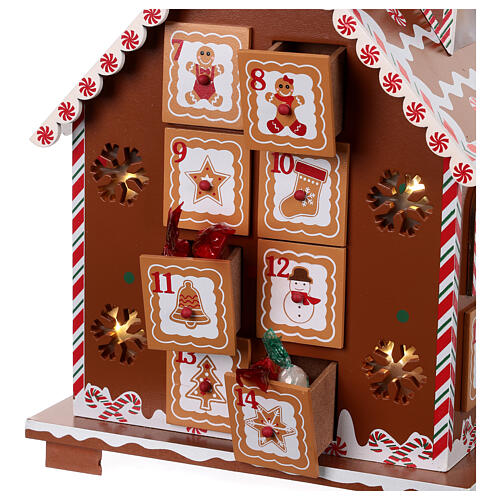 Adventskalender in Form eines Lebkuchenhauses aus Holz mit Beleuchtung – 28 cm 6
