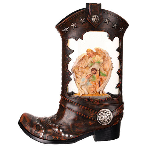 Cowboy boot with Nativity Scene, snow globe with lights, music and automatic snowfall, 14x8x4 in 1