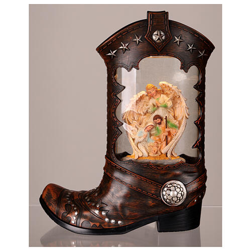 Cowboy boot with Nativity Scene, snow globe with lights, music and automatic snowfall, 14x8x4 in 3