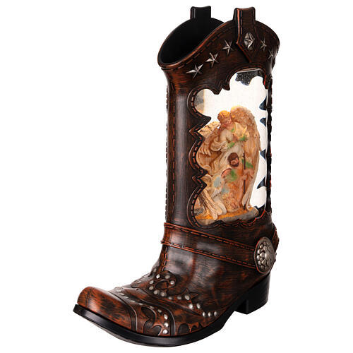 Cowboy boot with Nativity Scene, snow globe with lights, music and automatic snowfall, 14x8x4 in 4