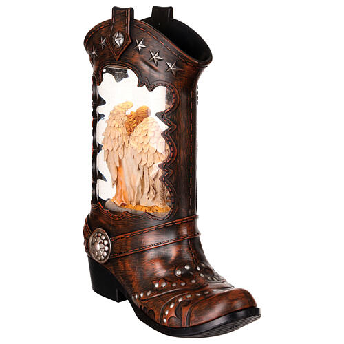 Cowboy boot with Nativity Scene, snow globe with lights, music and automatic snowfall, 14x8x4 in 5