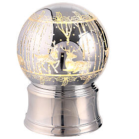 Glittery silver snow globe, illuminated, with deers in the forest, 5x5x6 in