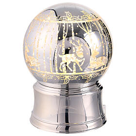 Boule à neige argent paillettes illuminée cerfs forêt 12x12x15 cm
