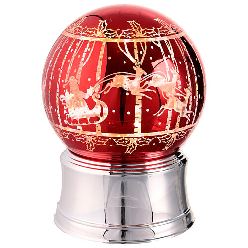 Schneekugel, Weihnachtsmann im Schlitten mit Rentieren – Rot, Silber, LEDs, H 16 cm, Ø 12 cm 2