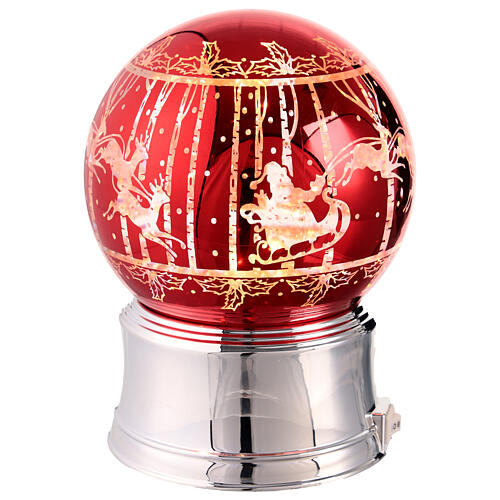 Glittery red snow globe, illuminated, Santa Claus' sleigh, silver base, 5x5x6 in 3