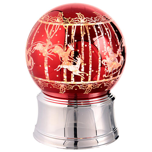 Glittery red snow globe, illuminated, Santa Claus' sleigh, silver base, 5x5x6 in 4