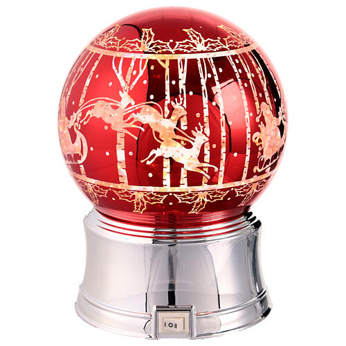 Glittery red snow globe, illuminated, Santa Claus' sleigh, silver base, 5x5x6 in 5